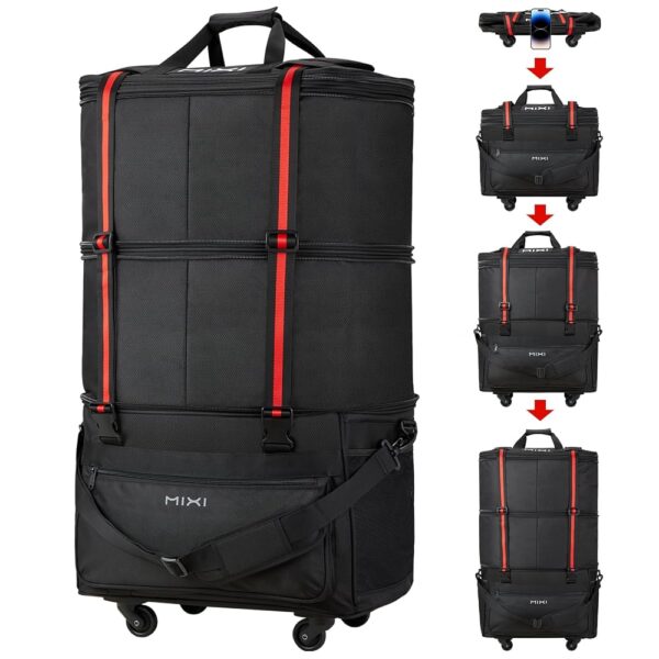 mixi Travel Bag with Wheels Expandable Foldable Luggage Bag Collapsible Rolling Travel Bag Duffel Bag Large Capacity Suitcase for Men Women, Black