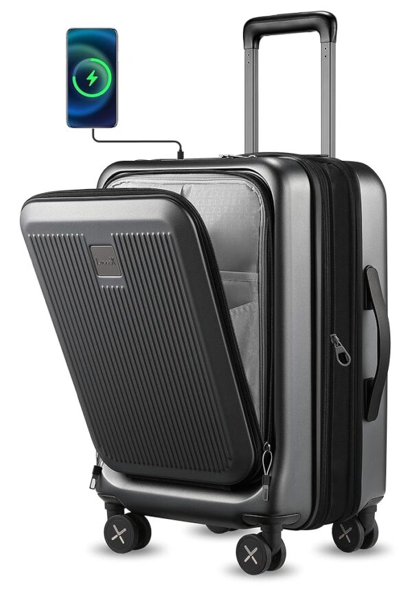 LUGGEX Carry on Luggage 22x14x9 Airline Approved, PC Hard Shell Suitcase with Front Pocket, Expandable Luggage with USB Port (Black, 20 Inch, 36.7L)