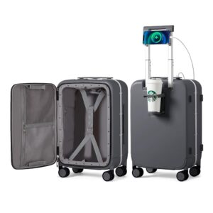 mixi Carry On Luggage with Cup Phone Holder and Charger Hard Shell Suitcases with Spinner Wheels,20 Inch Rock Gray mixi Carry On Luggage with Cup Phone Holder and Charger Hard Shell Suitcases with Spinner Wheels,20 Inch Rock Gray