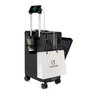 feilario 20in Aluminium Frame Hardside Spinner Wheel Luggage, Built-In TSA lock Carry on Suitcase, with Cup Holder & USB Port & Phone Holder