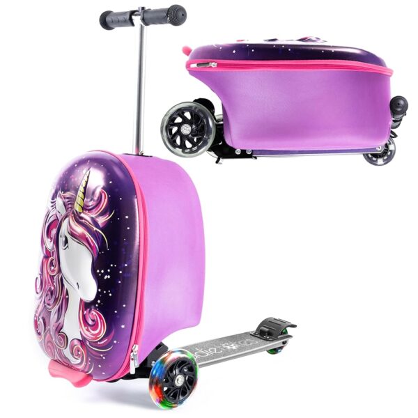 KIDDIETOTES Hardshell Kids Ride On Luggage with Scooter Suitcase for Girls Ages 5-12 - Carry-On Compliant with LED Light-Up Wheels