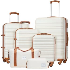 LONG VACATION 6 Piece Luggage Set Carry on Suitcase with ABS+PC hardshell, Spinner Wheels & YKK Zipper TSA Lock (WHITE-BROWN, 6 piece set) LONG VACATION 6 Piece Luggage Set Carry on Suitcase with ABS+PC hardshell, Spinner Wheels & YKK Zipper TSA Lock (WHITE-BROWN, 6 piece set)